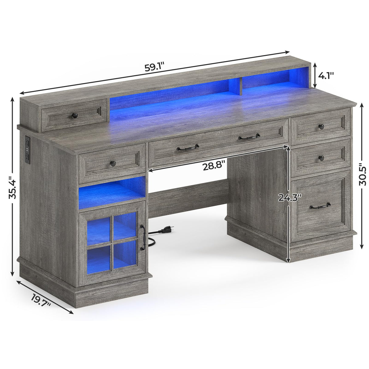 BTHFST Farmhouse Executive Desk with File Drawer, Computer Desk with Charging Station & LED Lights, Home Office Desk with Drawers & Storage Cabinet, Executive Office Desk with Monitor Stand, Grey BTHFST