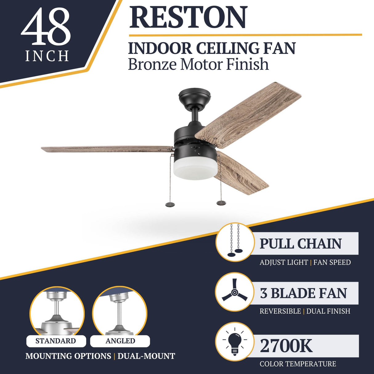 Prominence Home Reston, 48 Inch Modern Farmhouse LED Ceiling Fan with Light, Pull Chain, Dual Mounting Options, Dual Finish Blades, Reversible Motor - 51588-01 (Bronze) Prominence Home
