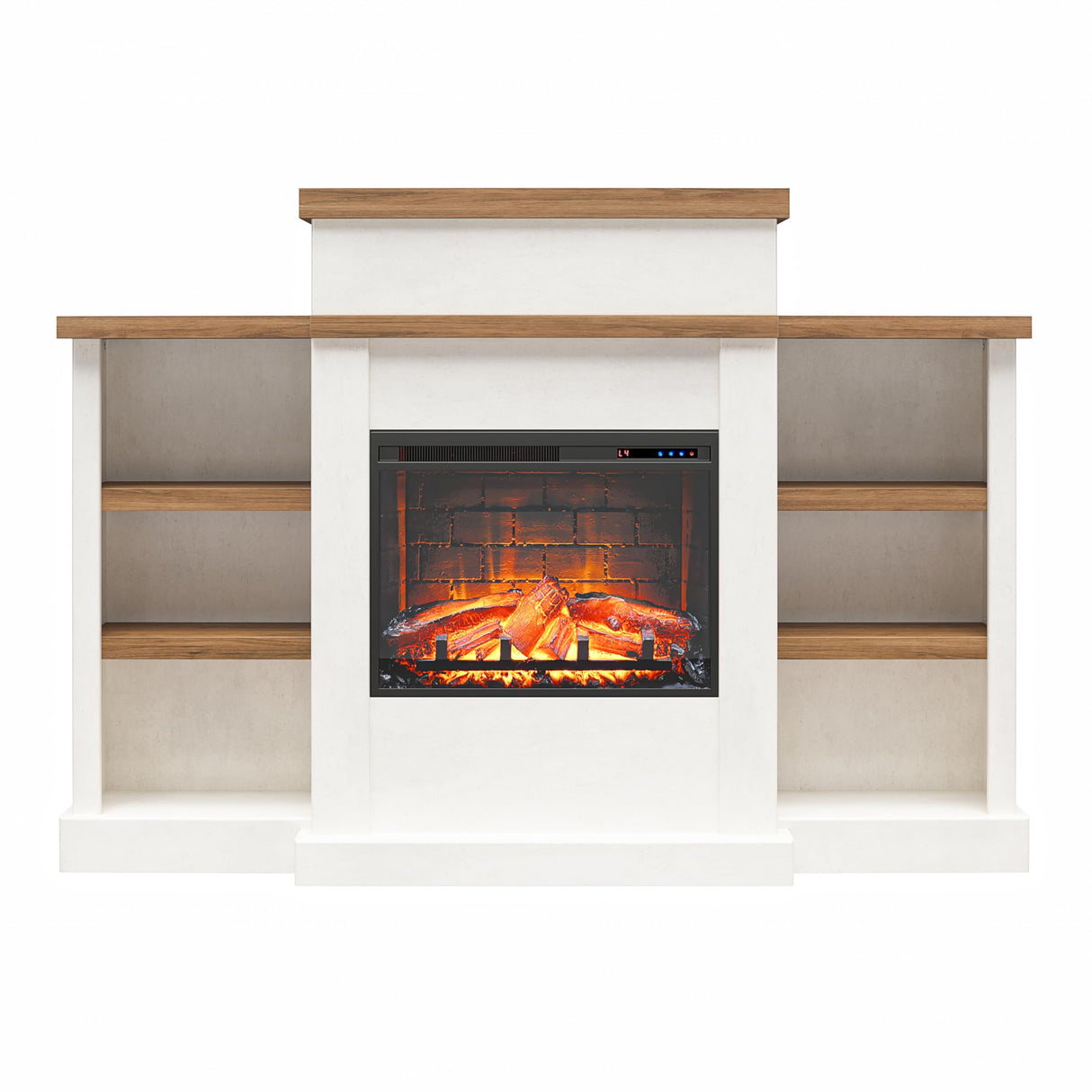 Ameriwood Home Gateswood 64 Inch Electric Fireplace with Mantel, Replaceable Fireplace Insert Heater, Shelves, Remote Control, Timer, Realistic Log and Flame Effect, Plaster Ameriwood Home