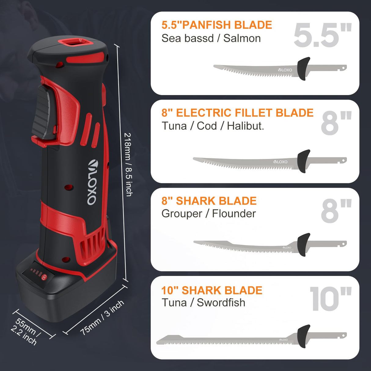 VlOXO Electric Fillet Knife - Cordless with 4 Stainless Steel Blades, Non-Slip Grip, Safety Lock, Includes Storage Case VLOXO