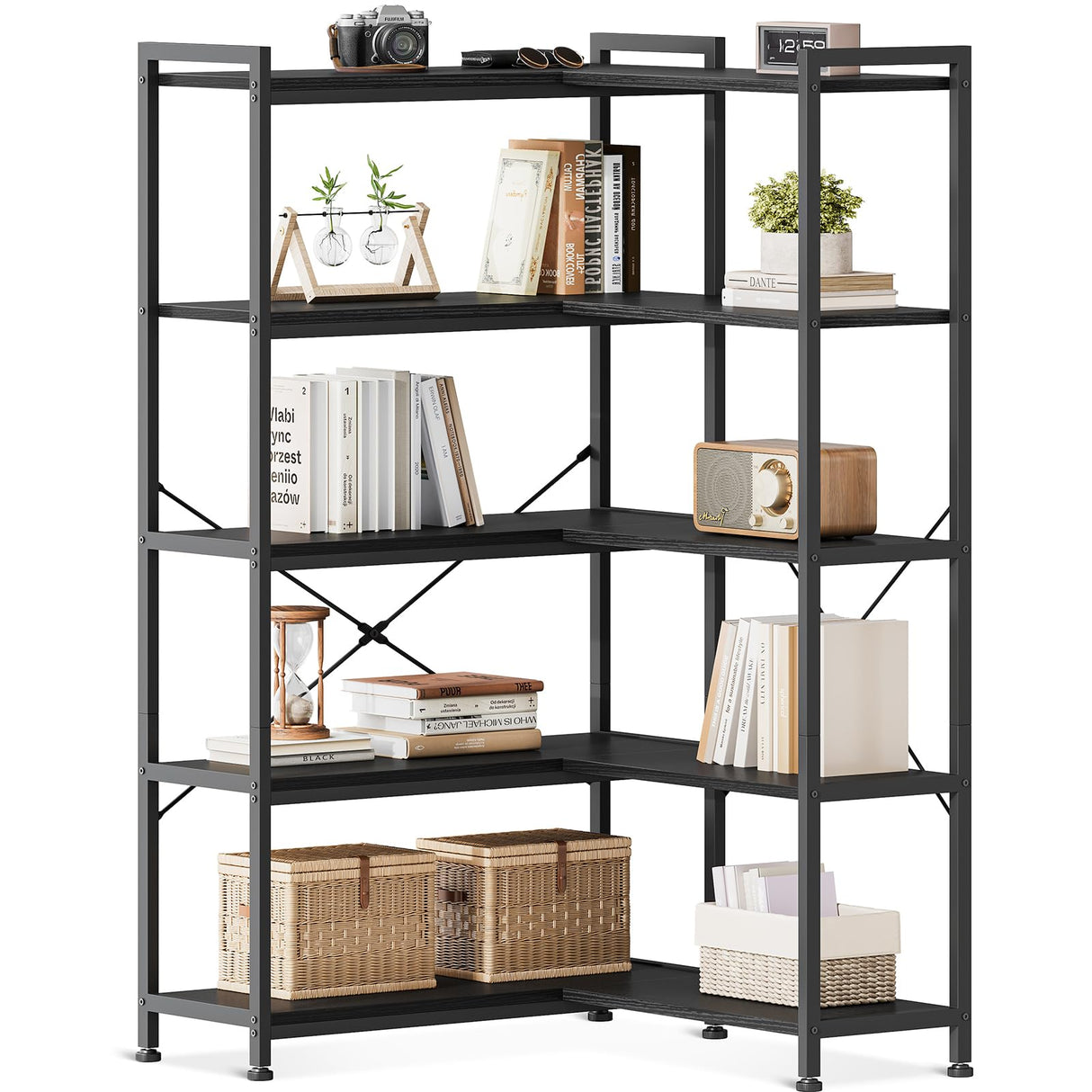 Casaottima Corner Bookshelf 5 Tier, 57 Inches Reversible Book Shelf for Living Room, Industrial Wooden Bookcase with Open Shelves and Metal Frame for Bedroom, Home Office, Kitchen, Black Casaottima