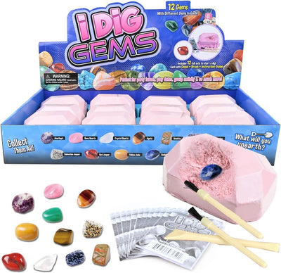whiriwhiri Gemstone Dig Kit, Dig Up 12 Unique Real Gems, Mineral & Rock Collection Crystals Excavation Kit Discover Digging Excavation Tools Science STEM Educational Toys for Boys & Girls Party Gifts