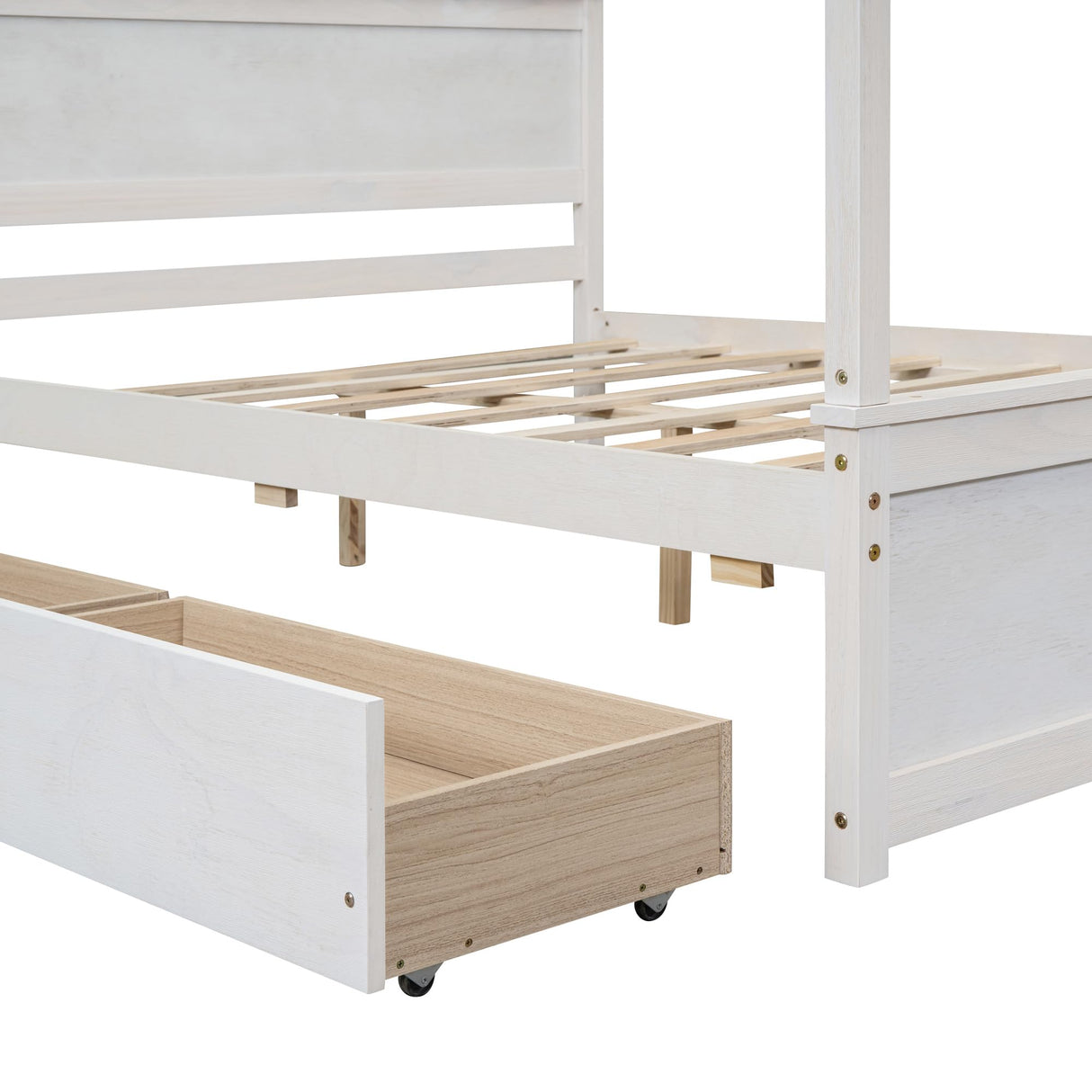 CITYLIGHT Full Size Wooden Canopy Bed Frame with Storage Drawers and Headboard in Brushed White CITYLIGHT
