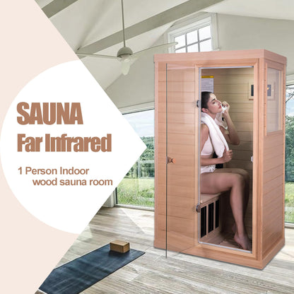 SALUSHEAT Infrared Sauna for Home, Mini 1 Person Infrared Sauna, Right Side, Low EMF Indoor Sauna Spa, Canadian Hemlock, Control Panel, Rapid Heating, 1050W