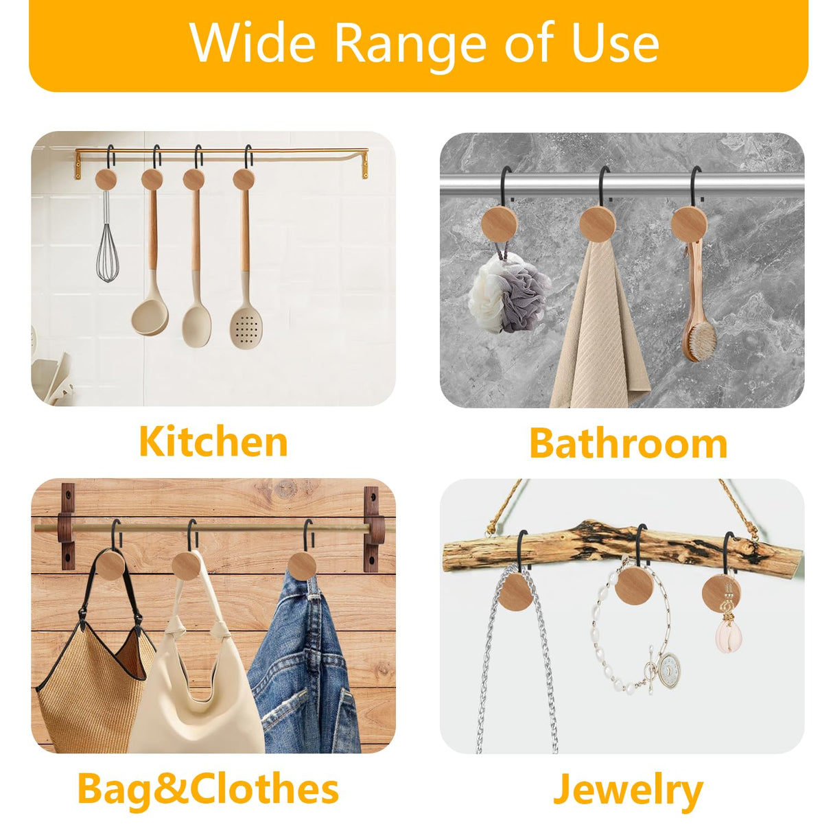 Shower Curtain Hooks, Wood Decorative Shower Curtain Rings, Modern Round Log Shower Curtain Hangers, 12PCS Shower Hooks for Shower Curtain Rod, Bedroom, Living Room (Black) JTDTH