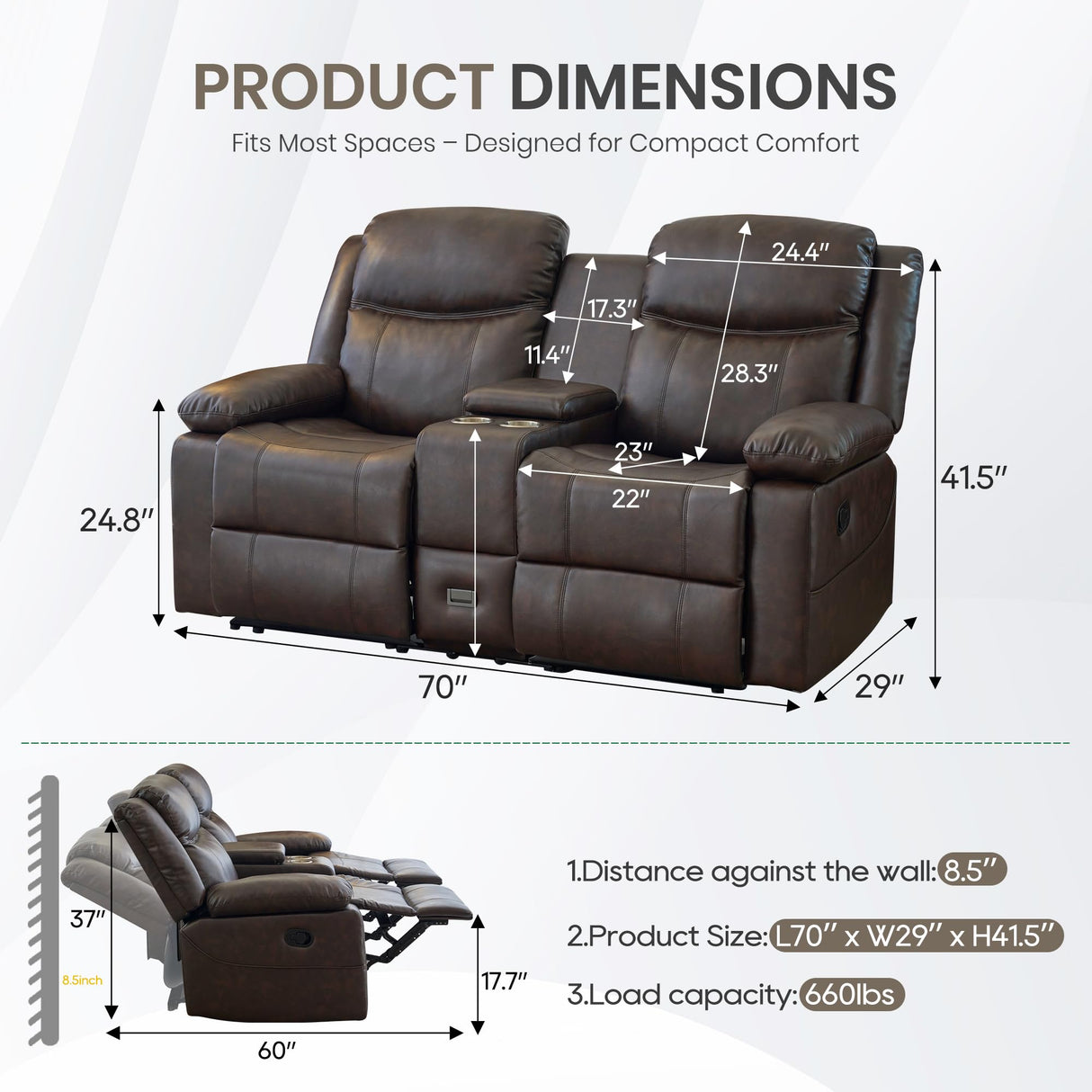 CALIVIA Manual Reclining Loveseat with Massage and Heat, Double Recliner Sofa with Center Console, Cup Holders & Storage for Living Room, RV (Brown) CALIVIA