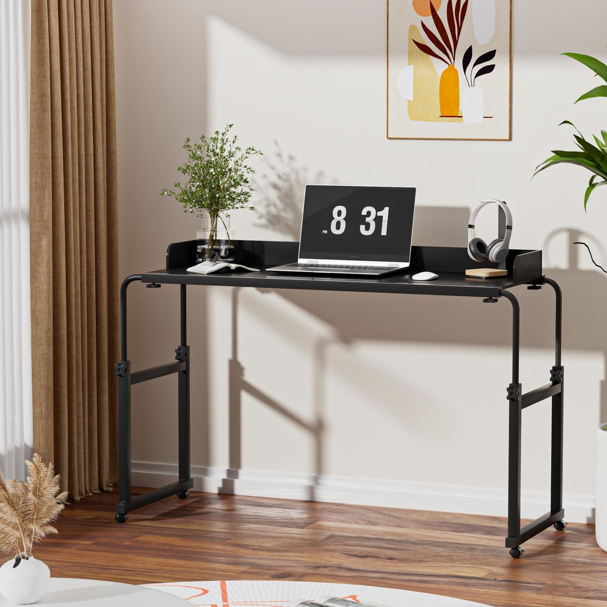 nawoefii Overbed Table, Over Bed Table with Wheels Adjustable Height, Bed Laptop Desk, King Queen Size Over The Bed Table with Wheels, Metal Leg, for Home Office Bedroom Hospital Black Baffle-120x40 nawoefii