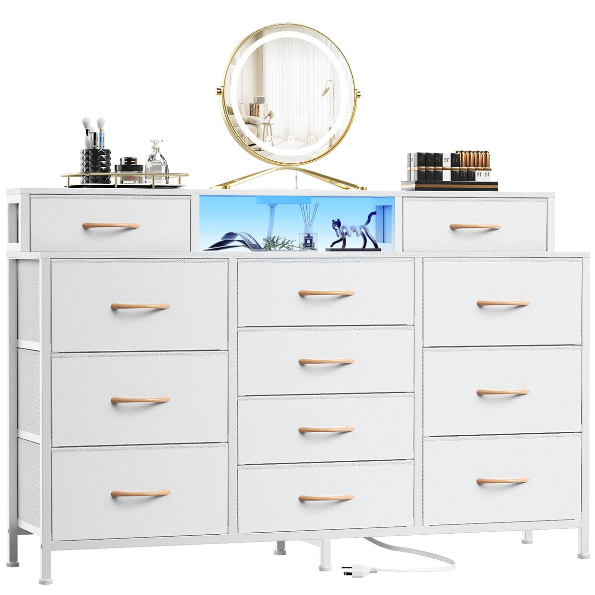 Furnulem White Dresser for Bedroom with LED Lights & Charging Station,55" Long Dressers & Chest of Drawers with 12 Storage Bins, Fabric Furniture for Closet,Hallway,2-Tier Shelf Wood Top,Metal Frame Furnulem