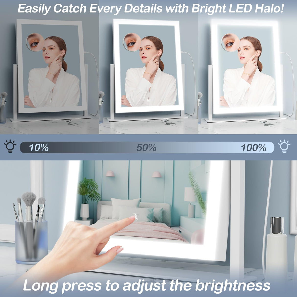 Gvnkvn 15.2" Lighted Makeup Mirror Hollywood Vanity Mirror with Lights, Three Color Modes,Detachable 10X Magnification Mirror, Smart Touch Control, 360°Rotation White Gvnkvn