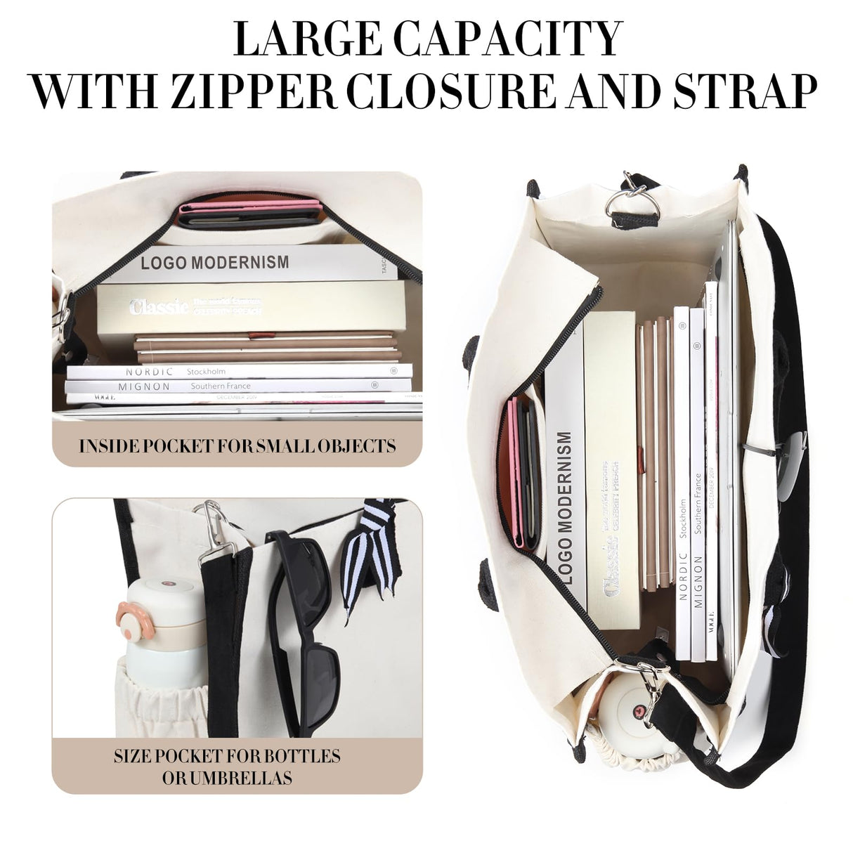 yeload 6 Pieces Canvas Tote Bags with Handles Shoulder Strap - Black and White Blank Sublimation Tote Bags for Women, Bridesmaids, and Daily Use - Bulk Zipper Tote Bags for DIY Crafts and Gifts yeload