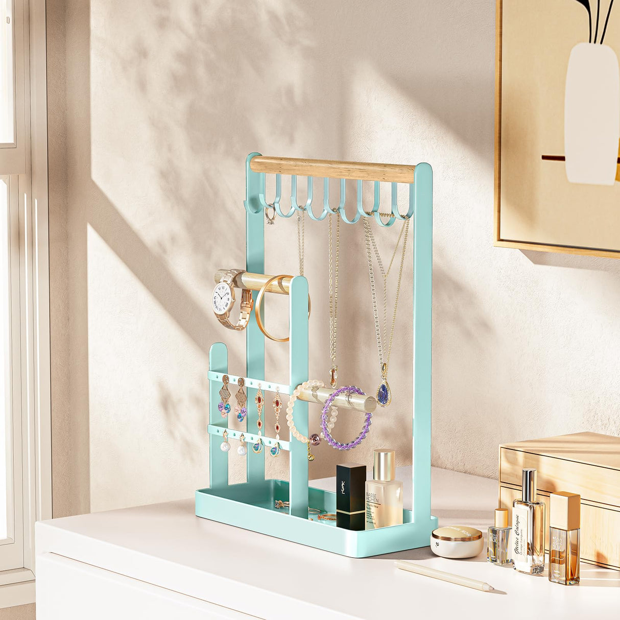 ProCase Jewelry Organizer Stand Necklace Holder, 4-Tier Jewelry Tower Rack with Earring Tray, 10 Hooks Necklaces Hanging Small Jewelry Display Storage Tree for Bracelets Earrings Rings Watches -Blue ProCase