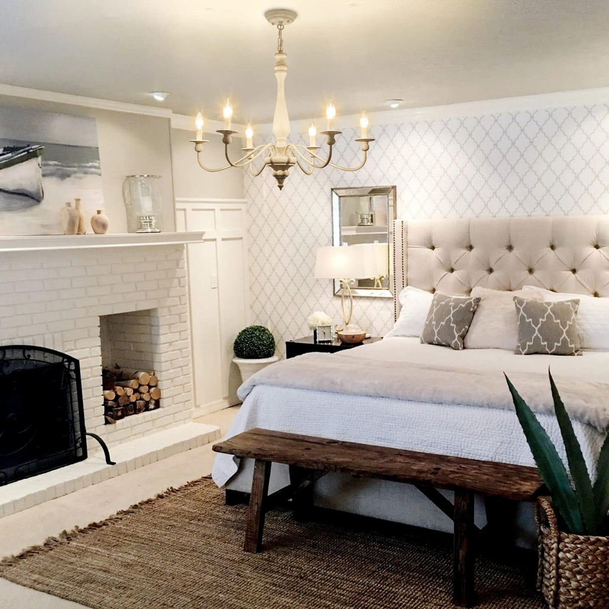 YCZHCC White Farmhouse Chandelier, 6 Lights French Country Chandeliers for Dining Room lighting fixtures, Rustic Wood Hanging Candle Pendant Light for Kitchen Island Entryway Foyer Living Room Bedroom YCZHCC