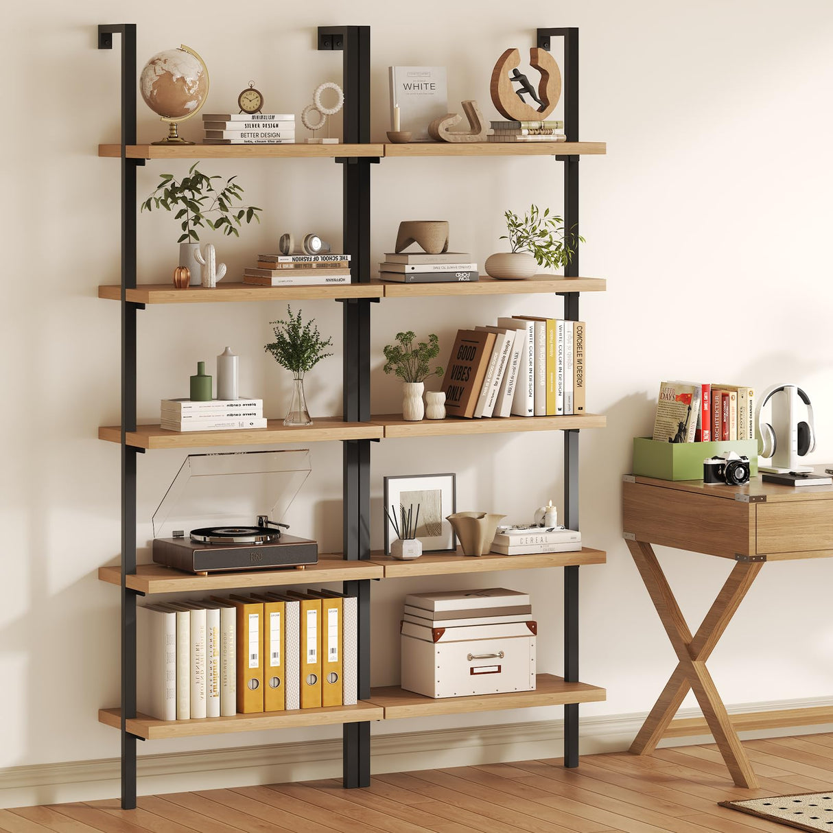 Airynee Ladder Bookshelf, 5 Tier Book Shelf, Wall Mount Bookshelves and Bookcases with Metal Frame, Anti Dump, Tall Bookcase for Living Room, Home Office, Bedroom Oak 2pcs Airynee