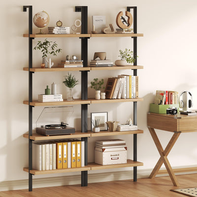 Airynee Ladder Bookshelf, 5 Tier Book Shelf, Wall Mount Bookshelves and Bookcases with Metal Frame, Anti Dump, Tall Bookcase for Living Room, Home Office, Bedroom Oak 2pcs