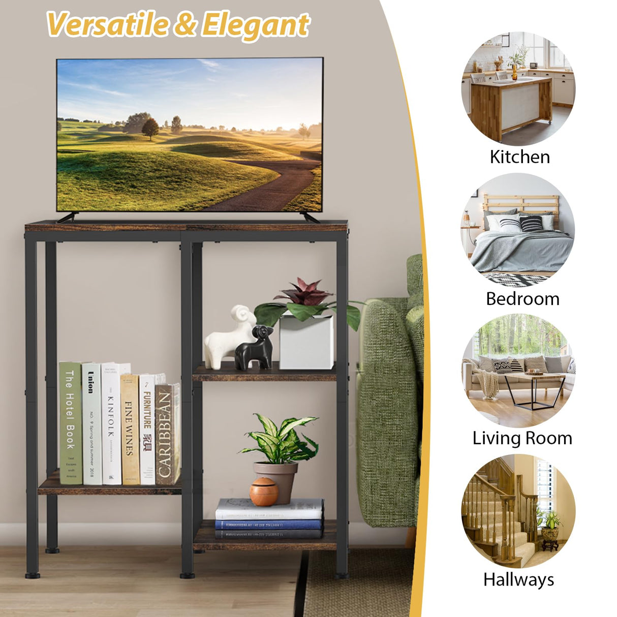 OGEMXU Kitchen Baker's Rack, Microwave Stand Table with Storage, 4-Tier Small Kitchen Shelf Rack for Living Room, Office, Corner, Industrial, Rustic Brown OGEMXU