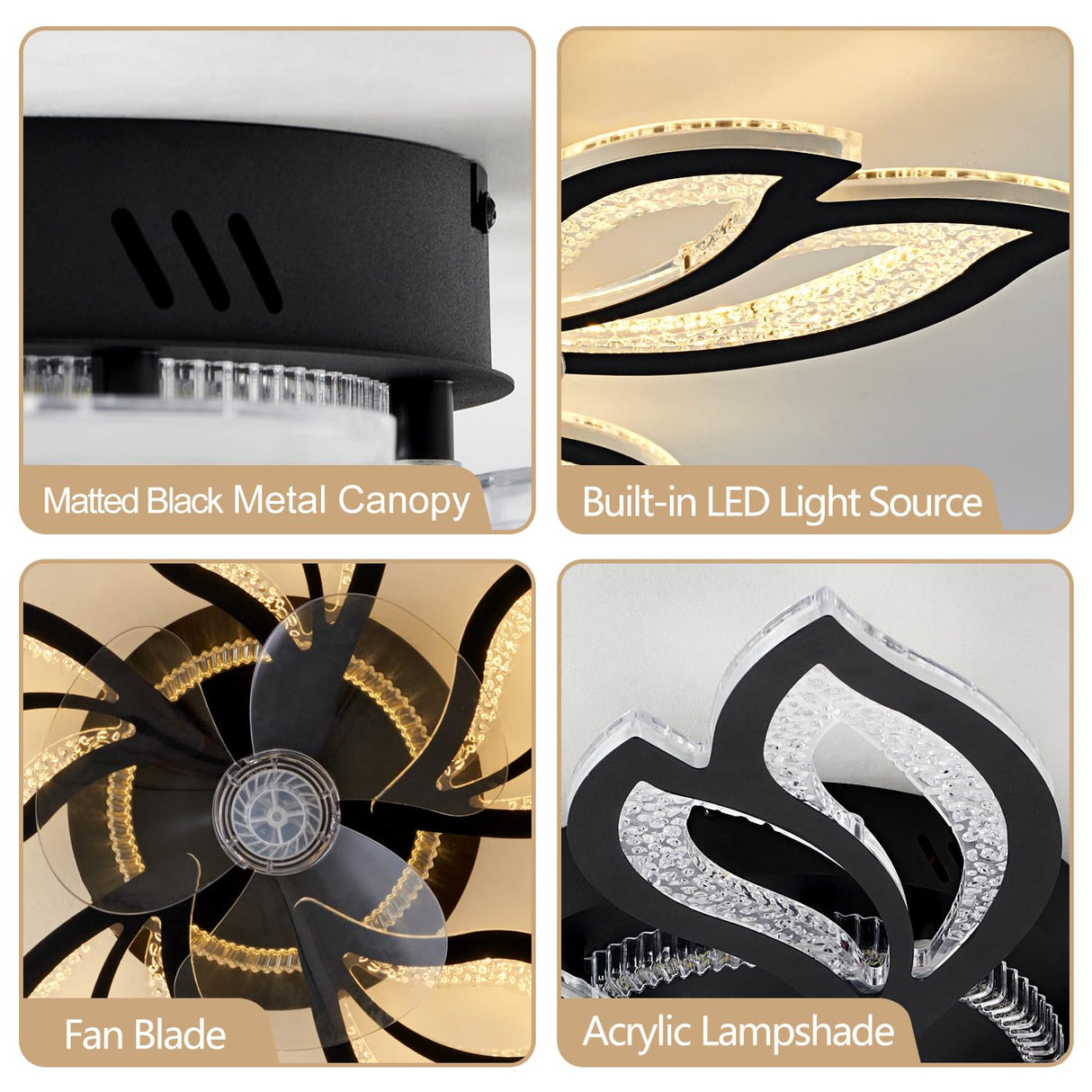 haodengshi 25" Ceiling Fan with Lights and Remote Control, Black Geometric Ceiling Fan with Lights, 3 Light Color 6 Speeds Flush Mount Low Profile Ceiling Fan for Bedroom Kitchen haodengshi
