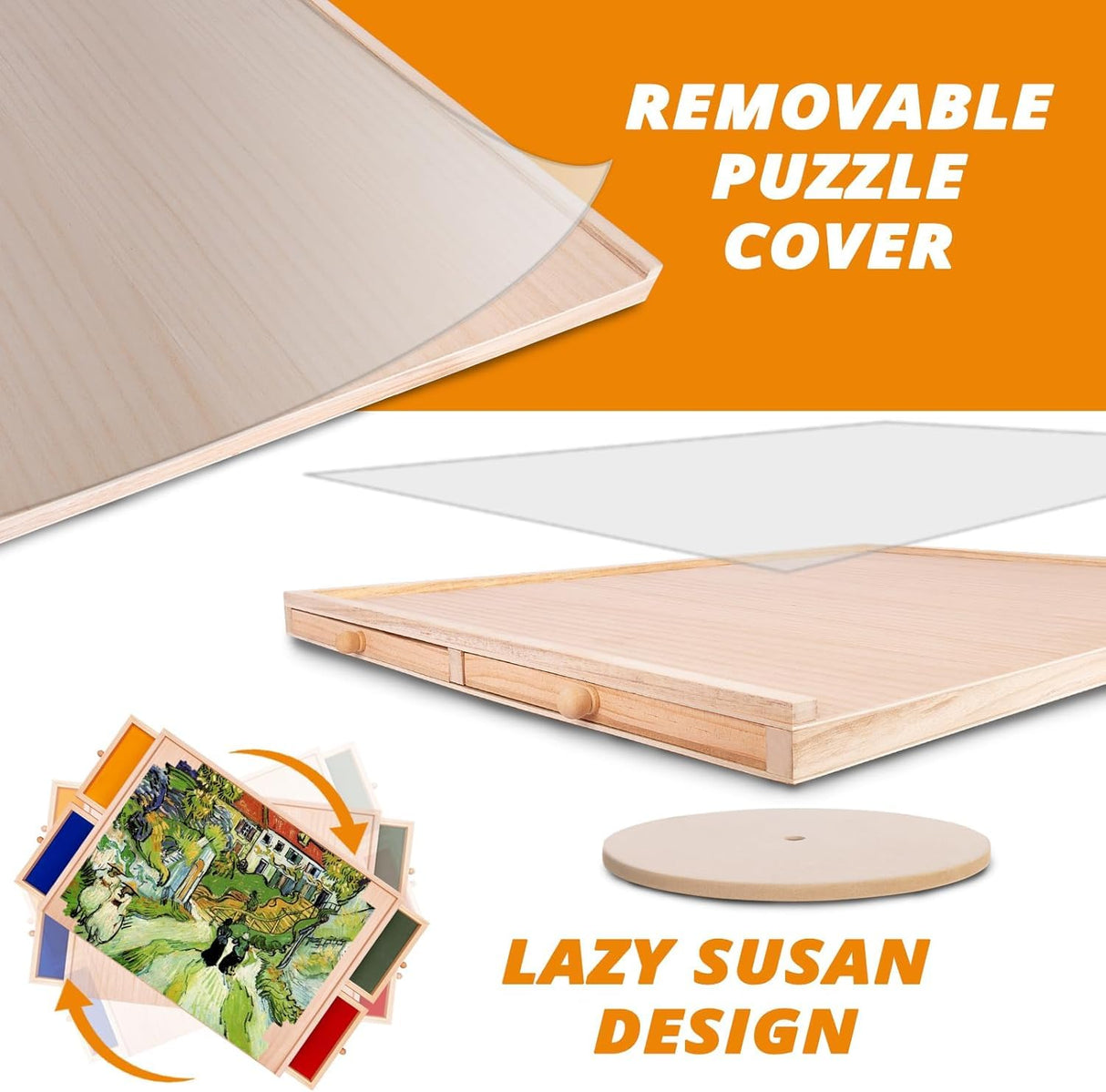 NORBASE Rotating Puzzle Board with Drawers and Cover 30'' x 22'' 1000 Piece Wooden Jigsaw Puzzle Table Lazy Susan Puzzle Boards Portable Lightweight Design NORBASE