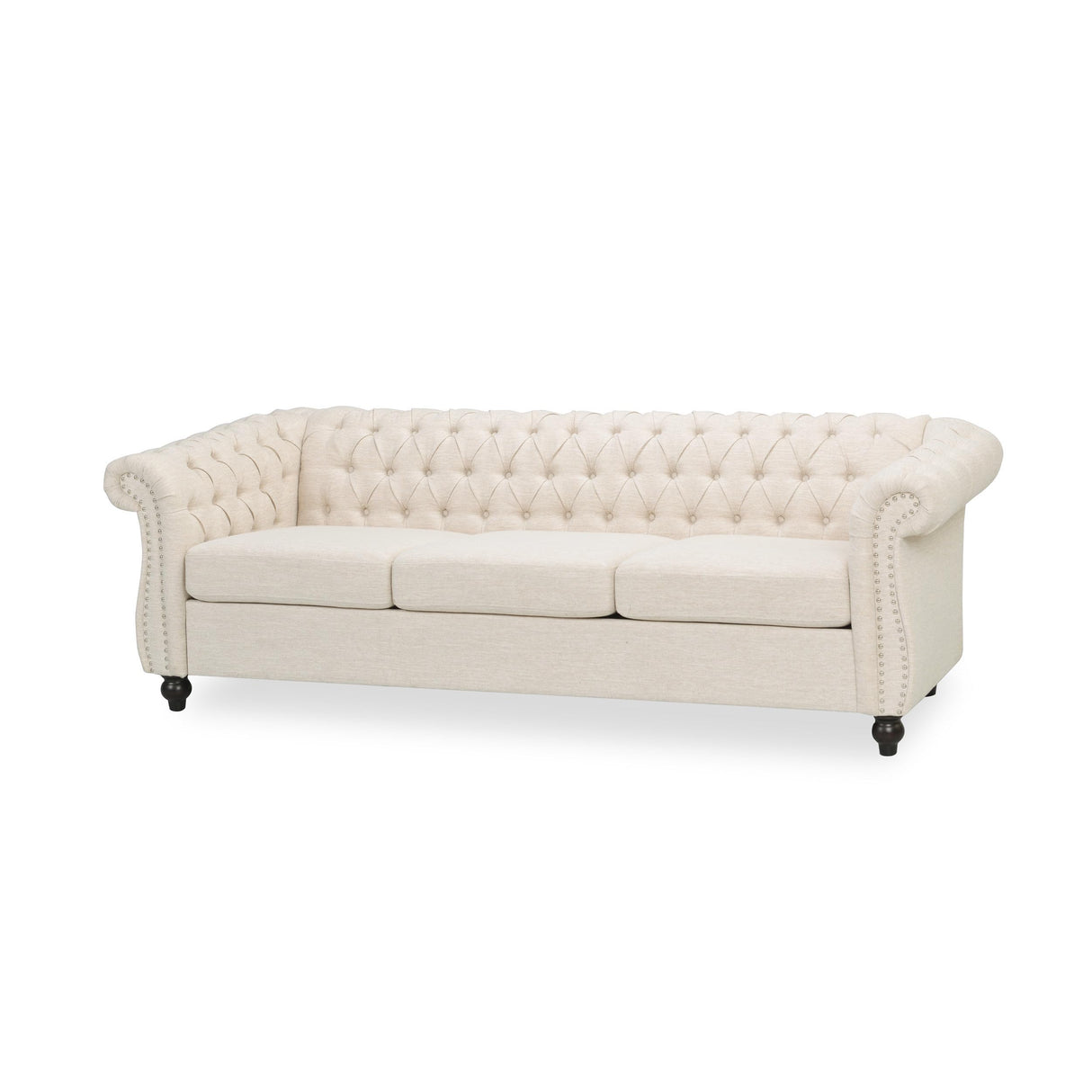 roomfitters Elegant Chesterfield Sofa with Fabric Upholstery and Turned Legs, Luxurious Sofa for Living Room and Bedroom, Beige Fabric roomfitters