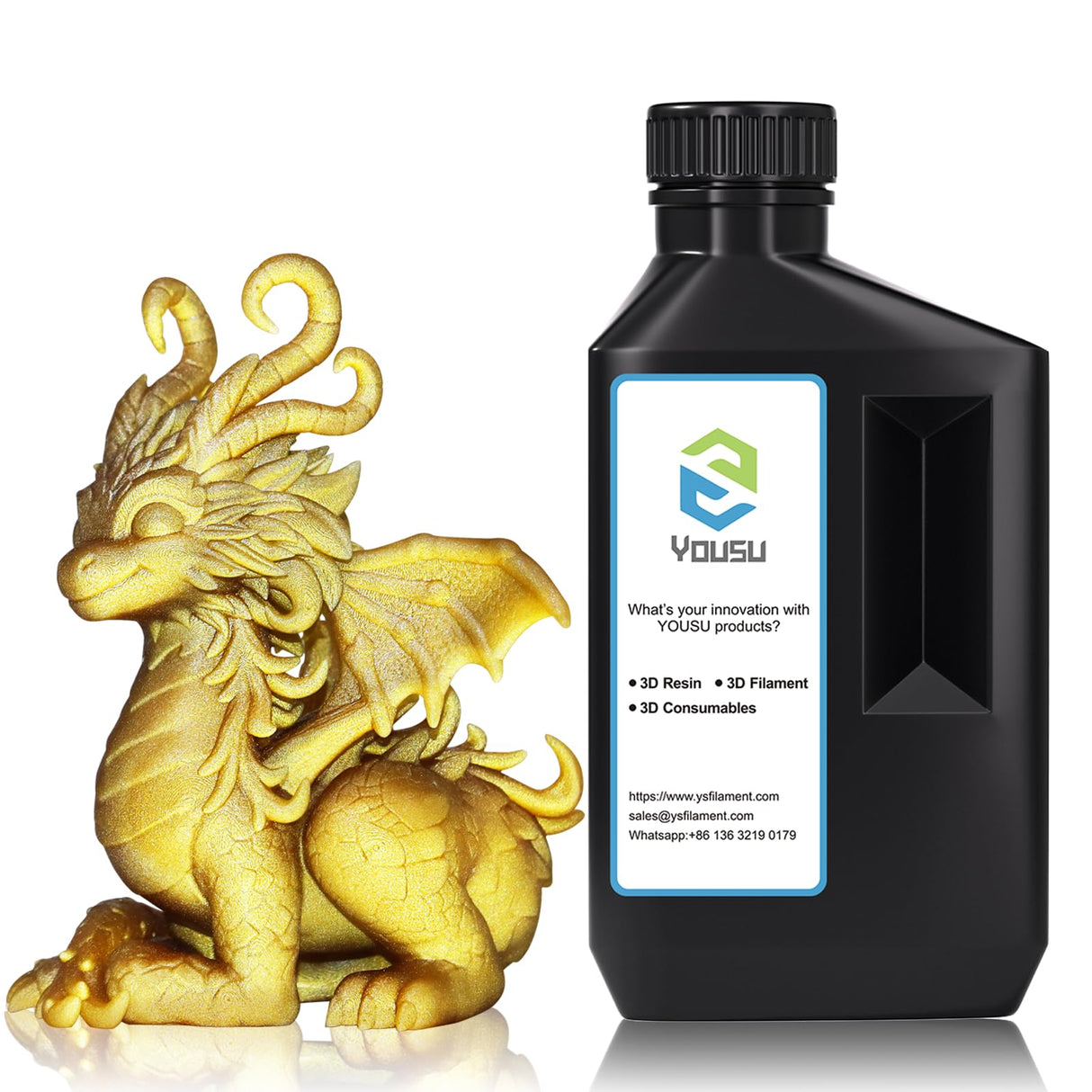 YOUSU 3D Printer Metallic Resin,Fast Curing 3D Metal Printing Bronze Resin 1KG, Magical Metallic Effect Photopolymer Brass Color Resin for LCD DLP 3D Printing (1000g,Metal Gold) Yousu