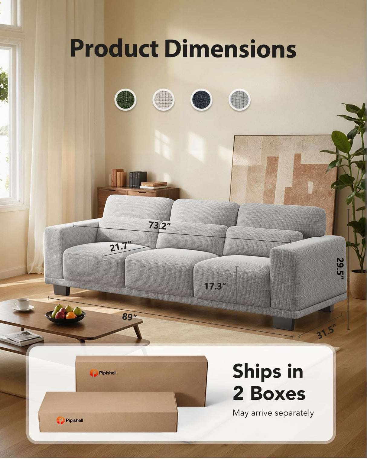 Pipishell 89" 3 Seater Sofa Couch with Deep Seats & Wide Armrests, Supportive Futon with Thickened Cushion, Comfy Cotton-Linen Couches for Living Room,Removable & Washable Covers,Grey Pipishell