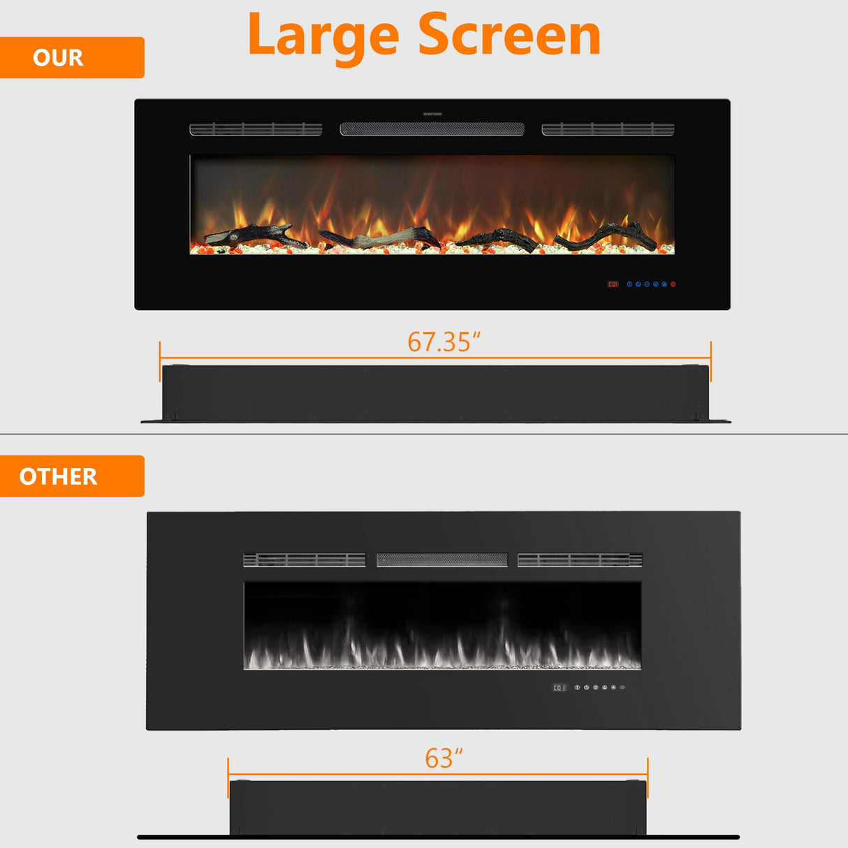 Kentsky 72 inches Electric Fireplace Inserts, Recessed and Wall Mounted Fireplace Heater, Linear Fireplace w/Thermostat, Touch Screen, Multicolor Flame, Timer, Log & Crystal, 750W/1500W, White Kentsky