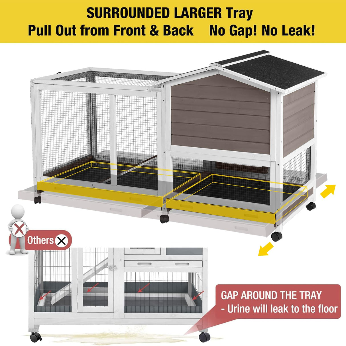 Aivituvin Rabbit Hutch 62" Rabbit Cage Indoor Outdoor Chicken Coop Guinea Pig Cage on Wheels Bunny Cage with 3 Deep No Leakage Pull Out Tray,Waterproof Roof (Brown) Aivituvin