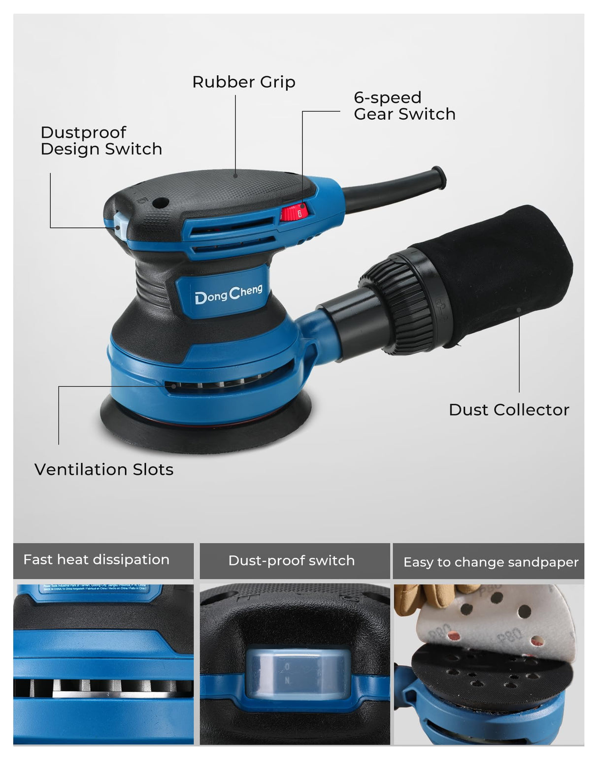 Dong Cheng 5-Inch Random Orbital Sander 380W 12800OPM Electric Palm Sander, 6 Variable Speeds, with 20pcs Sandpaper & Detachable Dust Bag, Power Sander for Woodworking, Sanding & Polishing Dong Cheng