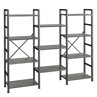 SUPERJARE Triple 4 Tier Bookshelf, Bookcase with 11 Open Display Shelves, Wide Book Shelf Book Case for Home & Office, Grey
