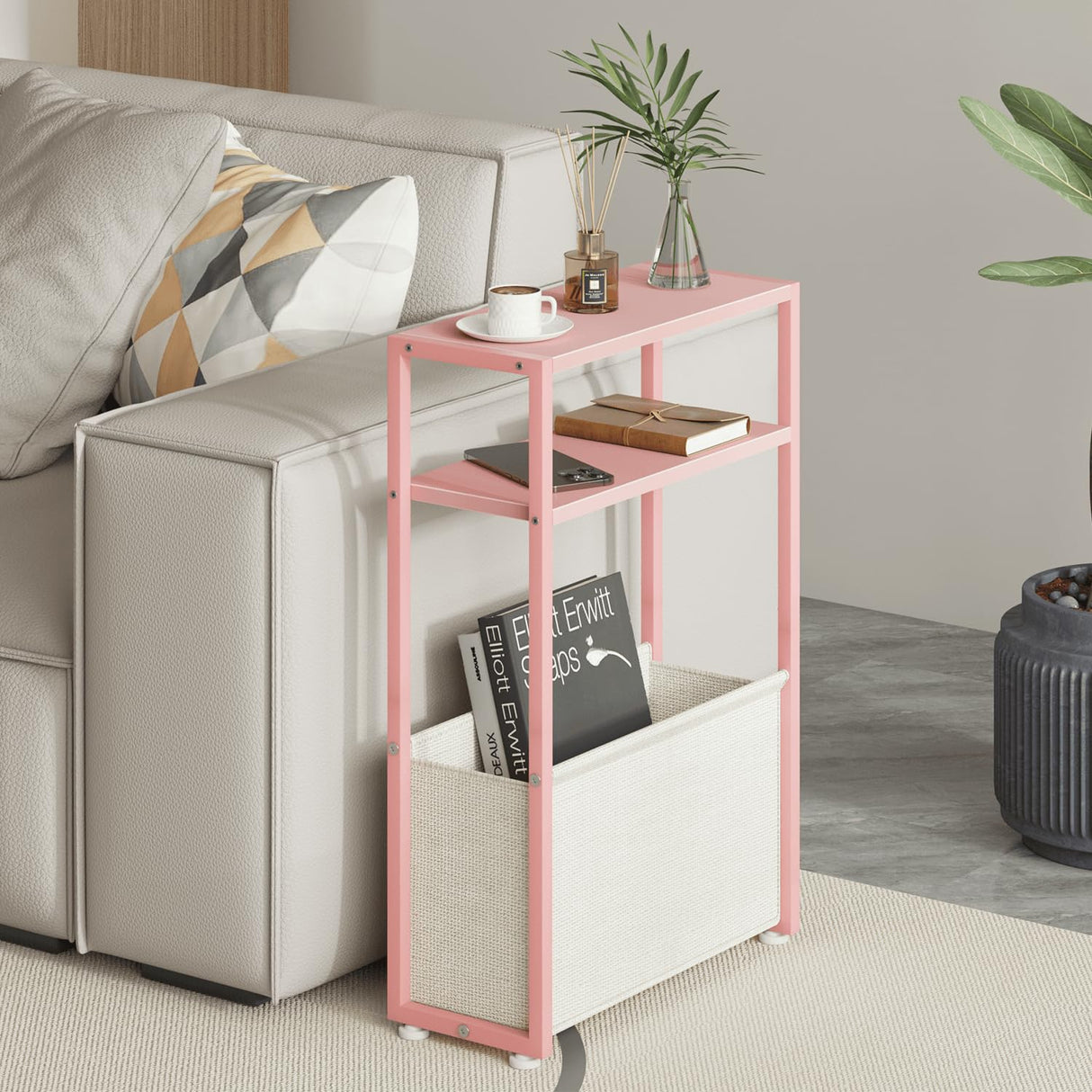 Leomonio Narrow Side Table, Slim End Tables with Fabric Basket, Skinny Table for Small Spaces, Thin Bedside Table for Living Room, Bedroom (1, Jelly Pink + Cream White) Leomonio