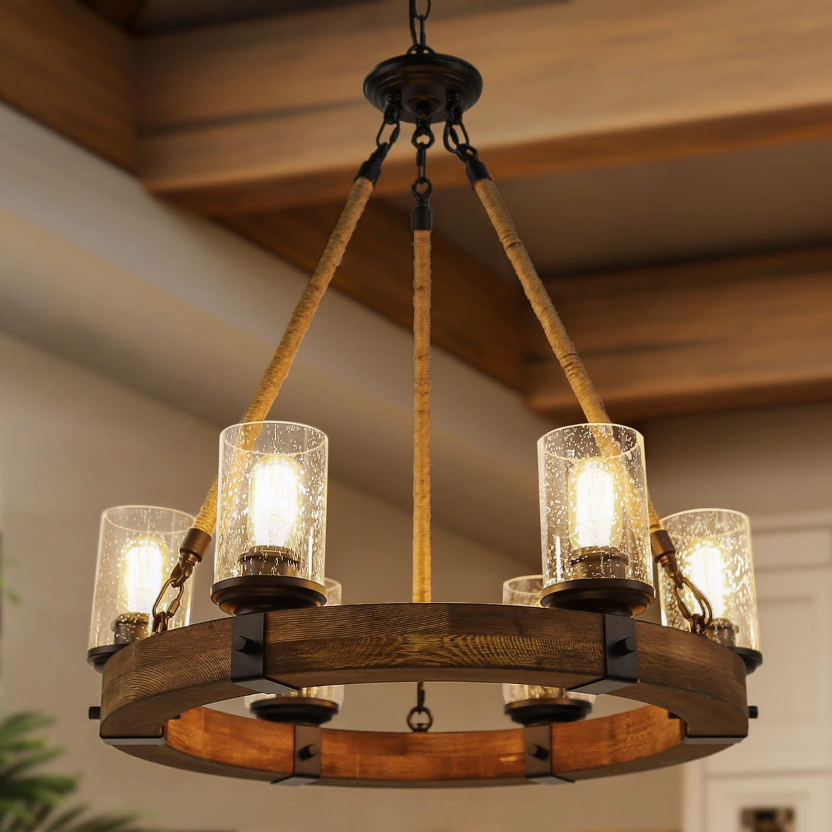 GEPOW Farmhouse Wood Chandelier, Round Wagon Wheel Light Fixture with Seeded Glass Shades & Hemp Rope for Dining Room, Living Room, Bedroom, Kitchen Island, and Foyer GEPOW