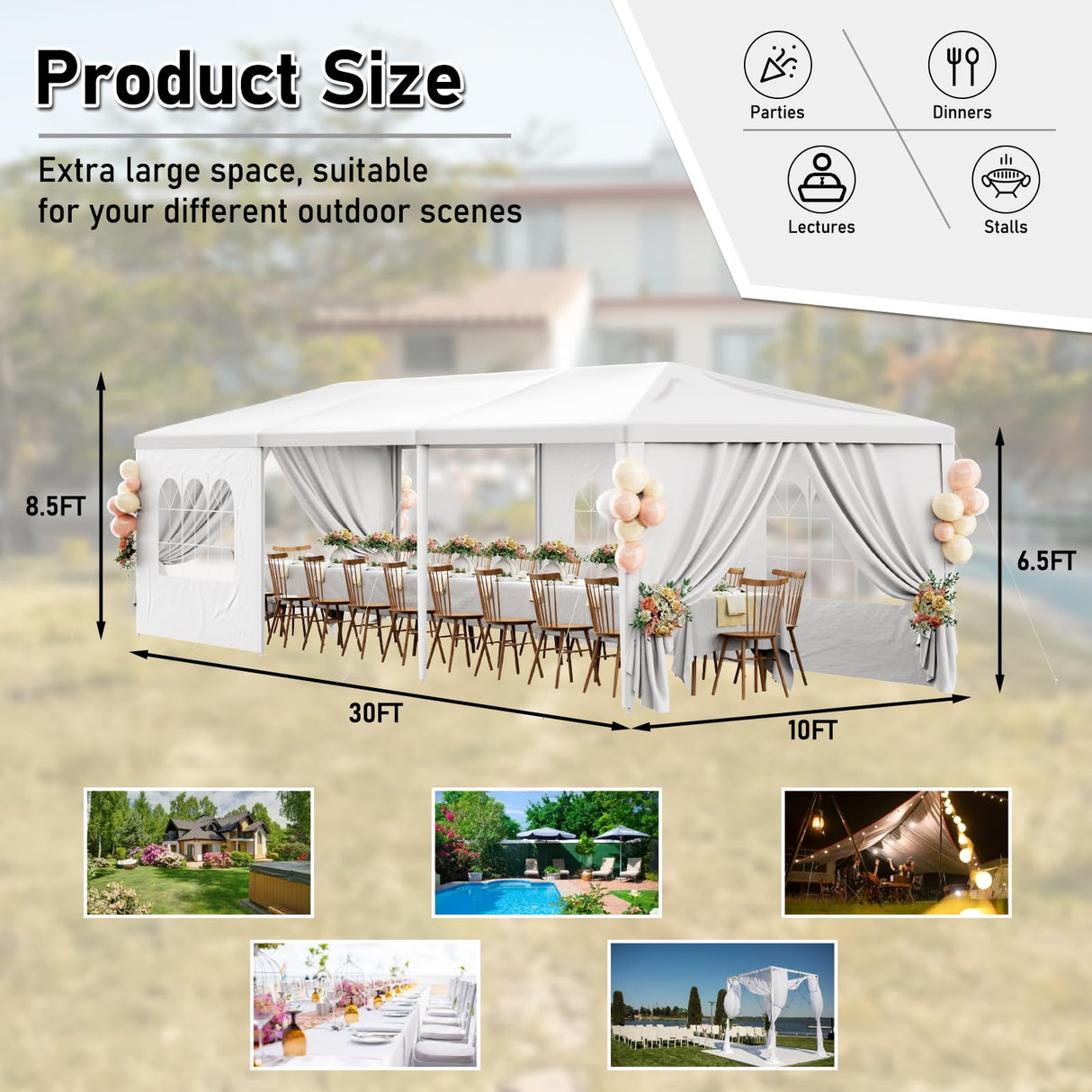 White Party Tent 10x30 Outdoor Canopy Tents for Parties Heavy Duty Patio Gazebo Shelter with 5 Removable Sidewalls Wedding BBQ Events Tent for Birthday Graduation Backyard Garden DOINUO