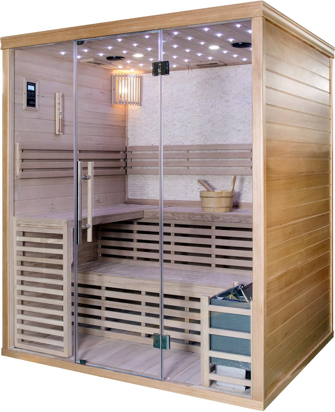 Canadian Hemlock Wood Traditional Swedish Wet or Dry 4-5 Person Glass Wall Sauna, with 6KW Heater, Rocks, Water Bucket, Ladle, LED Lights MCP-Distributions