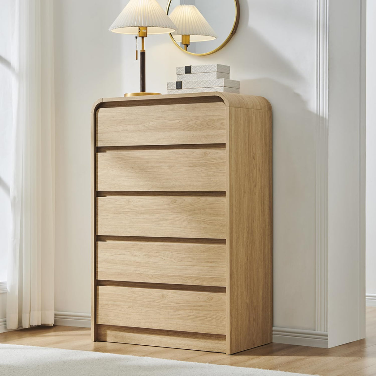 Aitjunz Modern 5 Drawers Dresser for Bedroom, 45" Tall Dressers & Chests of Drawers w/Curved Profile Design, Wood Mid Century Vertical Dresser w/Natural Texture for Bedroom, Living Room, Natural Oak Aitjunz
