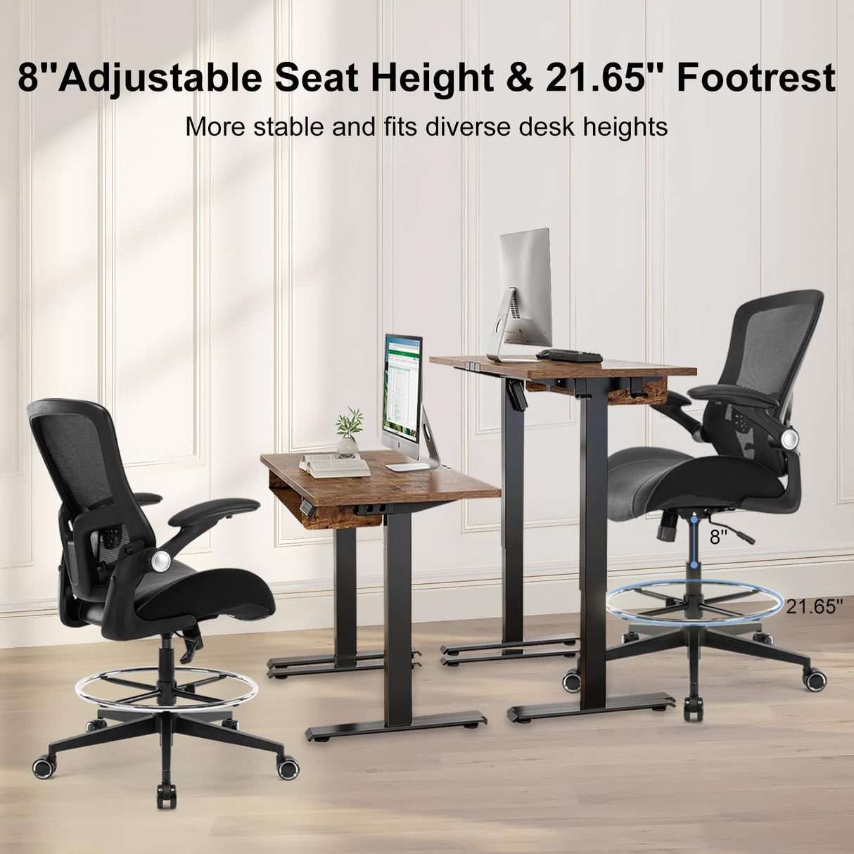 HOMIFYCO Drafting Chair, Tall Office Chair with Flip-up Armrests, Standing Desk Chair Counter Height Office Chairs with Footrest and Adjustable Lumbar Support Black HOMIFYCO