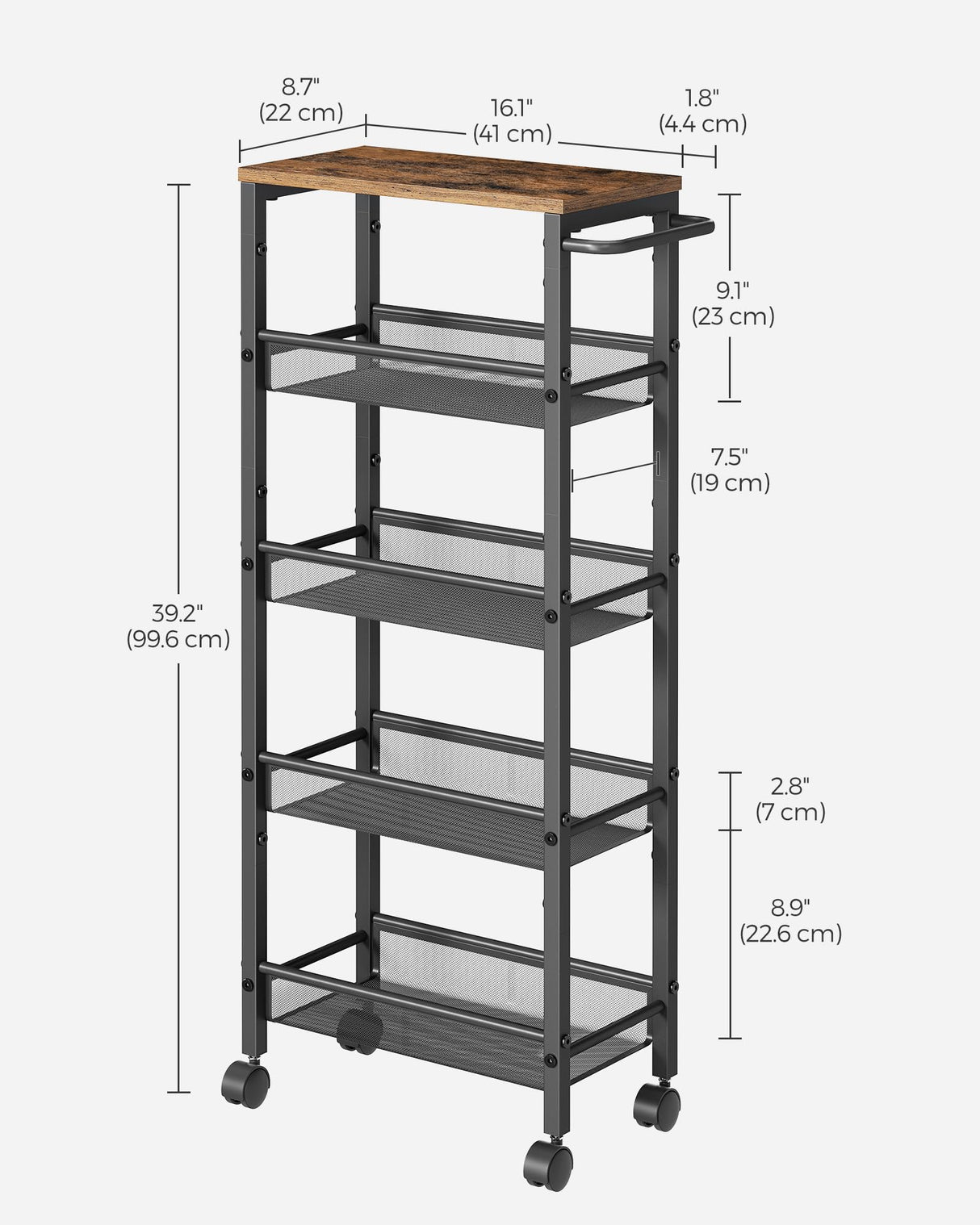 VASAGLE Slim Rolling Cart, 5-Tier Storage Cart, Narrow Cart with Handle, 8.7 Inches Deep, Metal Frame, for Kitchen, Dining Room, Living Room, Home Office, Rustic Brown and Classic Black ULRC035B01 VASAGLE