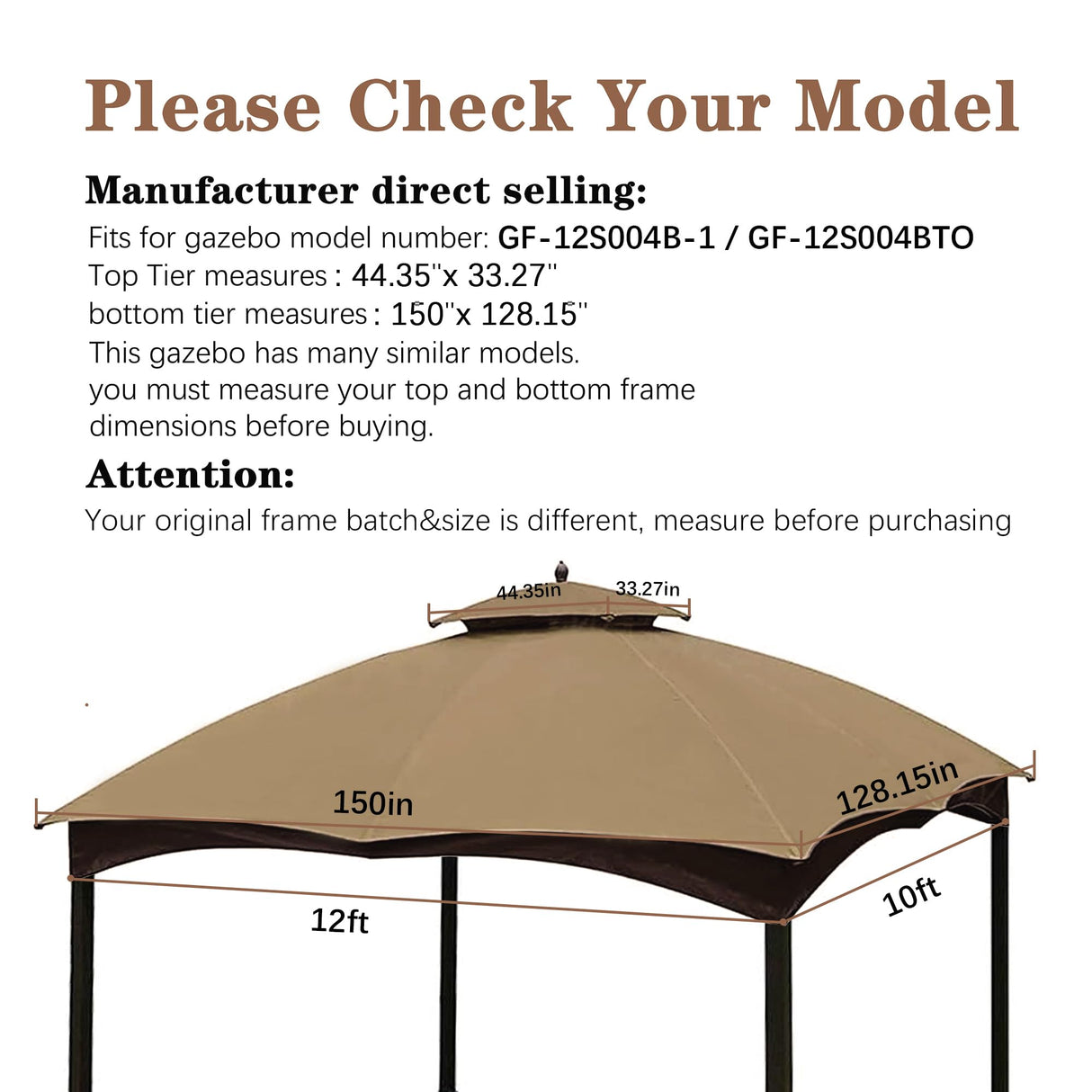 SCOCANOPY Replacement Top for Lowe's Allen Roth 10X12 Gazebo Model #GF-12S004B-1/#GF-12S004BTO/#TPGAZ17-002C (Khaki) SCOCANOPY