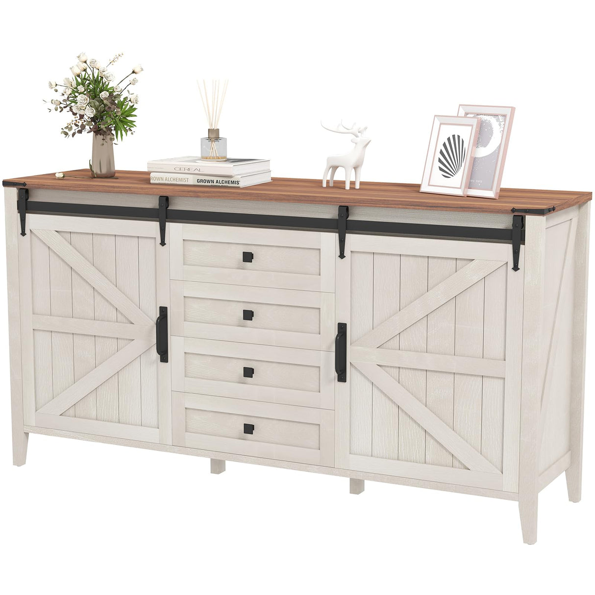 GlouMod 60" Farmhouse TV Stand & Dresser - White Entertainment Center with Sliding Barn Door, Retro Wood Chest for Living Room or Bedroom Storage GlouMod