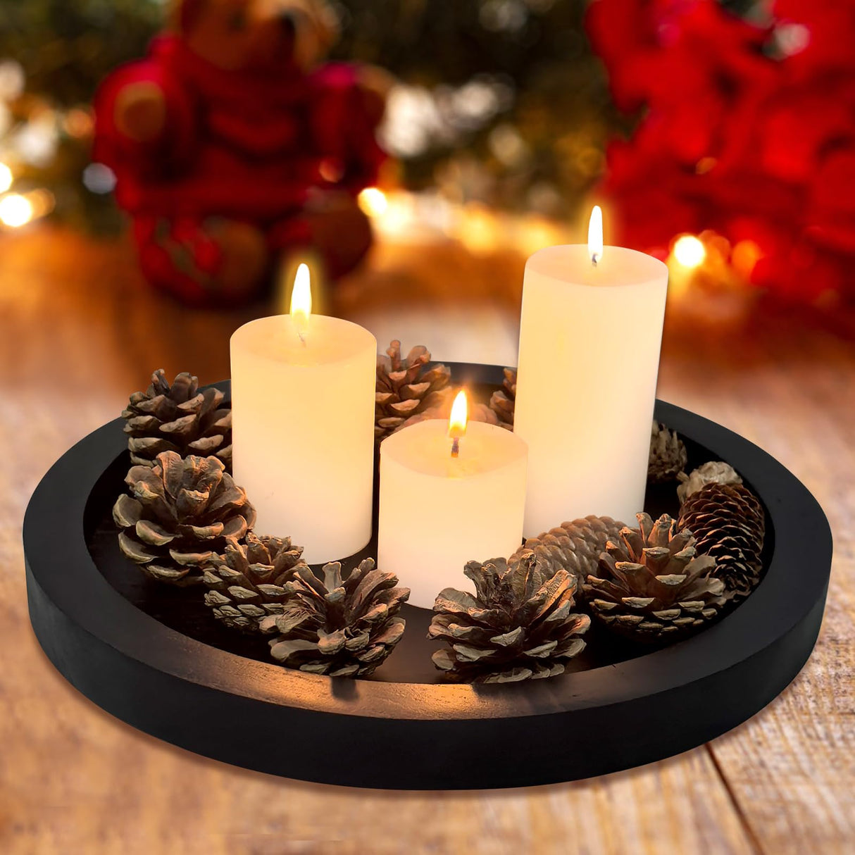 Round Decorative Tray for Coffee Dining Table Countertop Small Wooden Serving Trays Farmhouse Kitchen Home Living Room Decor and Bathroom Accessories Tray Black Rustic Wood Candle Centerpiece Tray Ayiaren