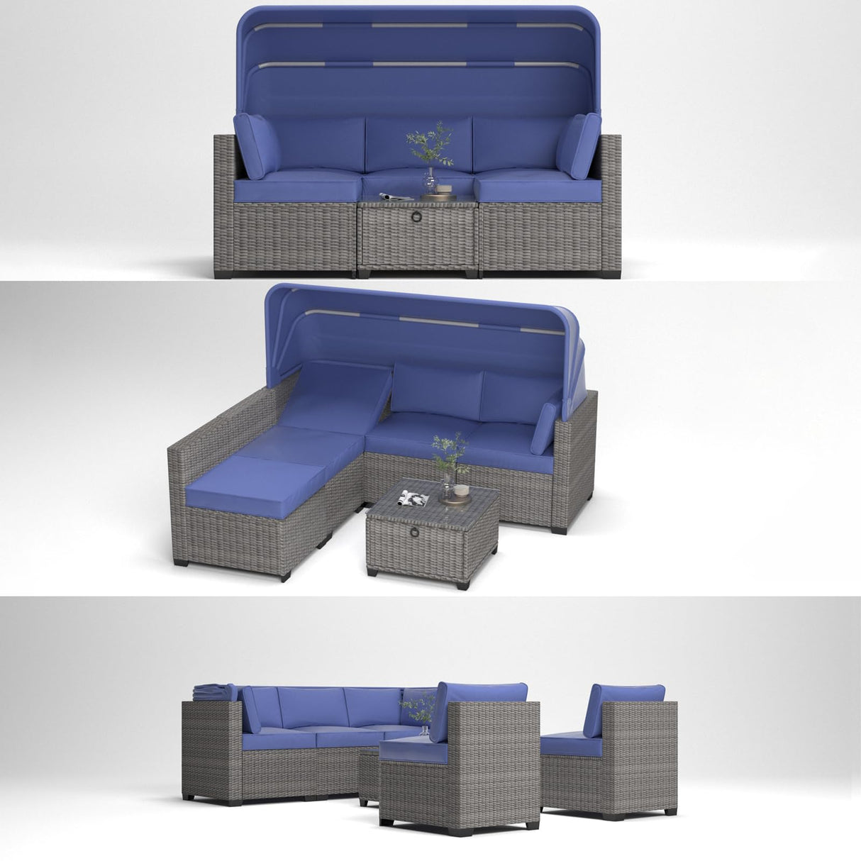 olimix Patio Furniture Set, 6 Pieces All Weather Wicker Rattan Conversation Set with Canopy, Outdoor Sectional Sofa Set w/Adjustable Backrest, Chaise Chair Daybed w/Storage Table, Grayish-White/Blue olimix