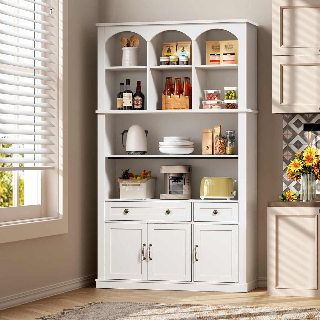 RALGEND 73.2" Tall Farmhouse Arched Bookshelf with Drawer and Door, 6 Tier Mid Century Modern Book Shelf and Bookcase with Storage, Floor Standing Display Cabinet for Living Room, Home Office, White RALGEND