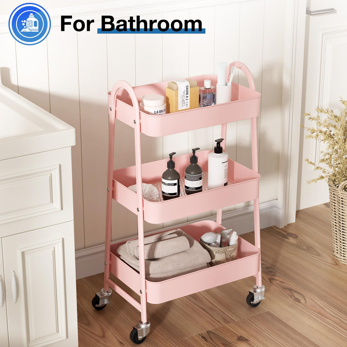 OLIXIS 3 Tier Utility Rolling Cart, Metal Mobile Storage Shelf with Lockable Caster Wheels, Organization for Livingroom, Bathroom & Narrow Places, Pink OLIXIS