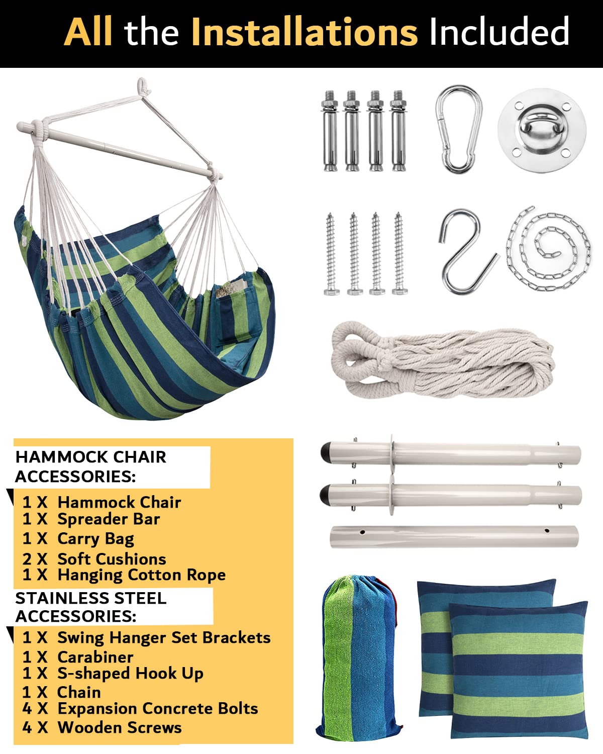 XXL Hammock Chair Hanging Rope Swing with 2 Cushions - Max 500lbs-Perfect for Patio, Porch, Bedroom, Backyard, Indoor or Outdoor - Includes Hanging Hardware Kits Lulladle