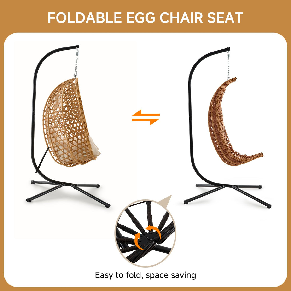 Thinlute Outdoor Hanging Egg Chair, Patio Wicker Swing Chair with Stand and Cushion, Wider Basket Seating, Hammock Chairs for Outside Balcony Backyard Bedroom Porch, Brown Thinlute