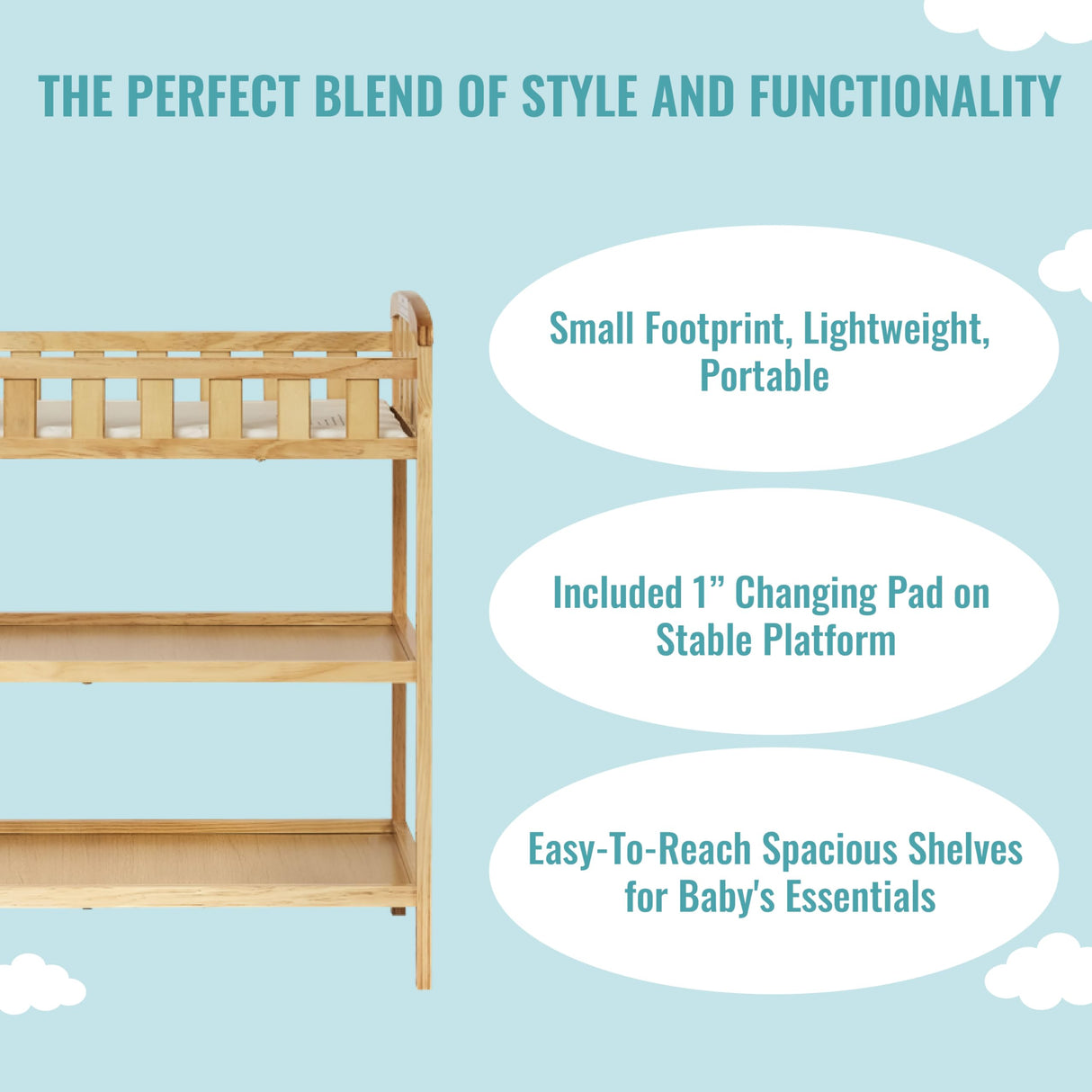 Dream On Me Emily Changing Table In Natural, Comes With 1" Changing Pad, Features Two Shelves, Portable Changing Station, Made Of Sustainable New Zealand Pinewood Dream On Me