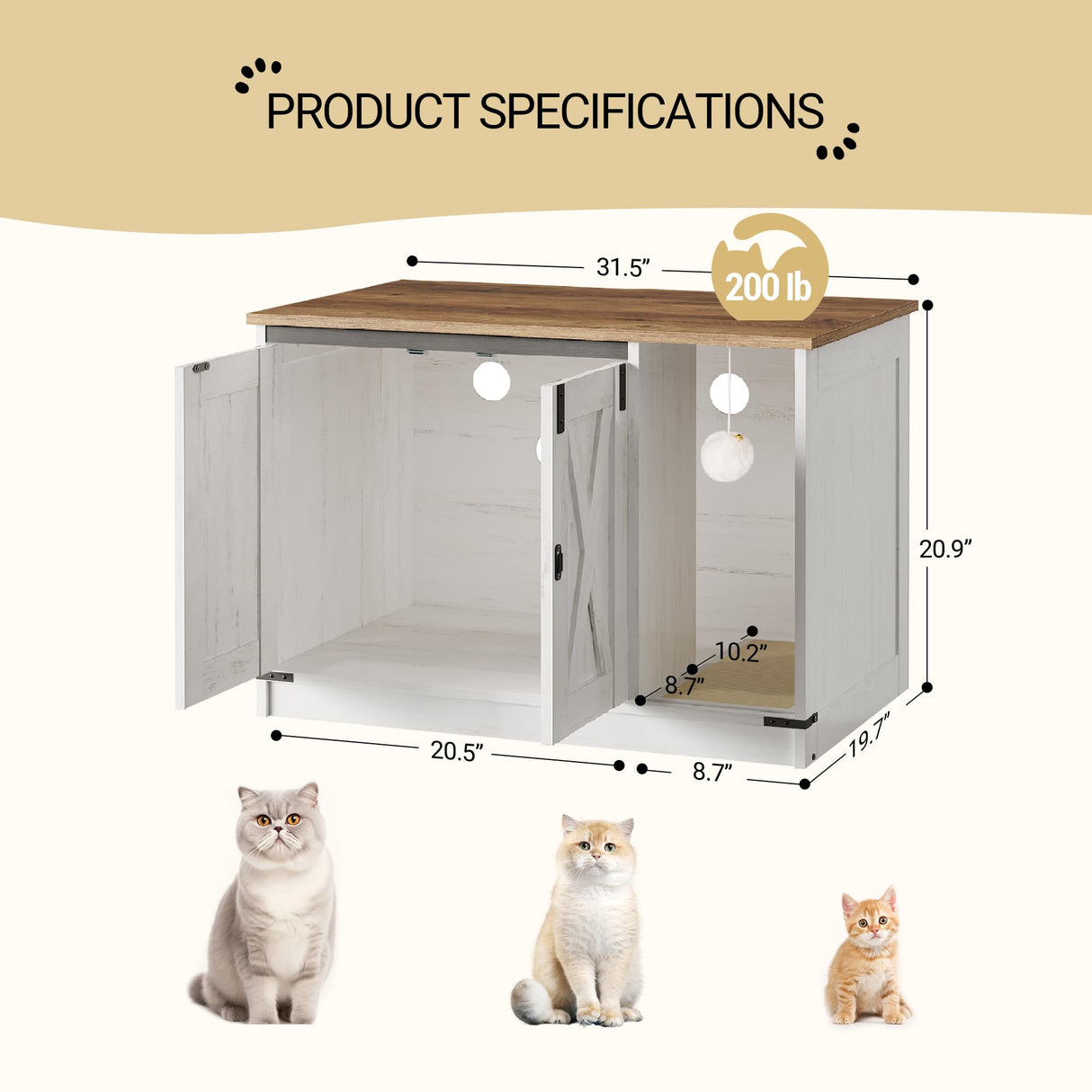 Hzuaneri Cat Litter Box Enclosure, Hidden Litter Box Furniture with Cat Bell, Indoor Cat House, Farmhouse Style, 31.5 x 20.9 x 19.7Inches, for Hallway, Bedroom, Rustic White and Brown CB82414X Hzuaneri