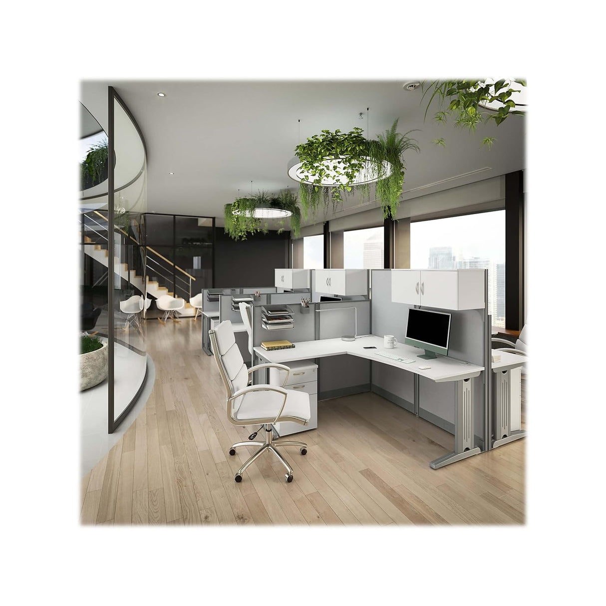 Bush Business Furniture Office in an Hour L Shaped Cubicle Desks with Storage, Drawers, and Organizers | Quad Workstation Set with Privacy Panels for Commercial Workspace, 4 Person, Pure White Bush Business Furniture