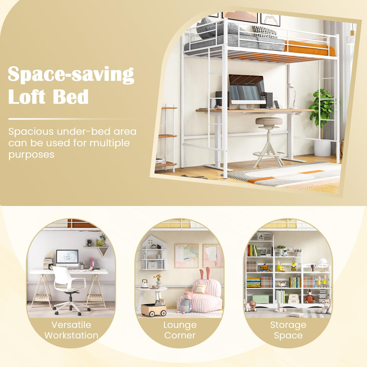 Giantex Metal Loft Bed Twin Size, Heavy Duty Metal Loft Bed Frame with Dual Ladders & Safety Guardrail, No Box Spring Needed, Space-Saving Loft Bed for Juniors Teens Adults (White) Giantex