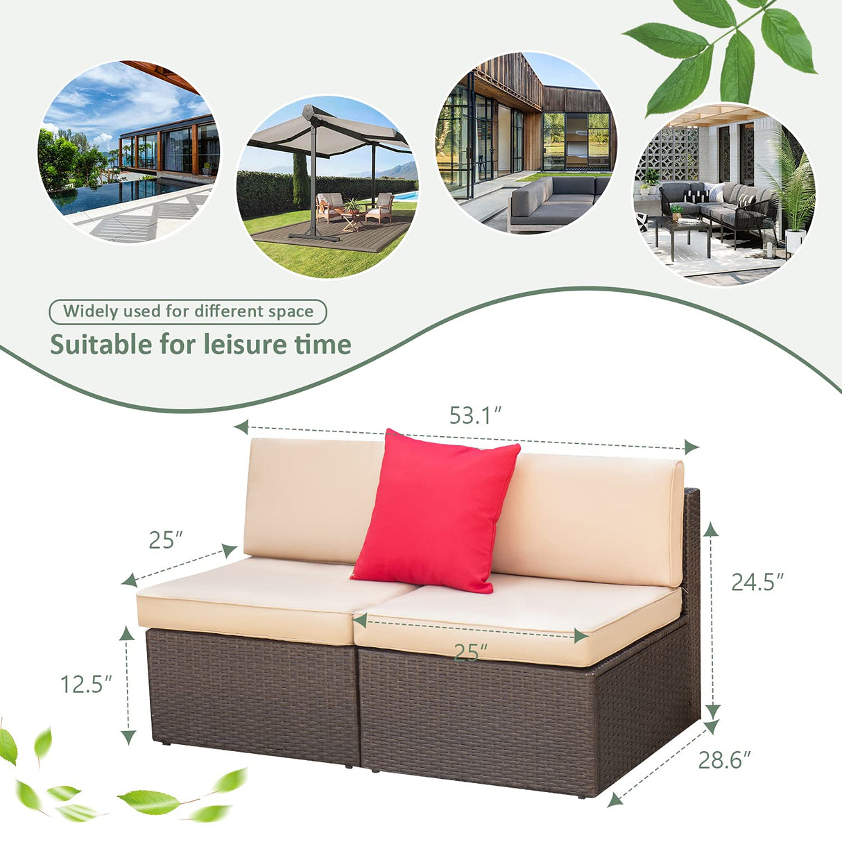 Devoko 2 Pieces Patio Furniture Sets All-Weather Outdoor Sectional Armless Sofa (Beige) Devoko