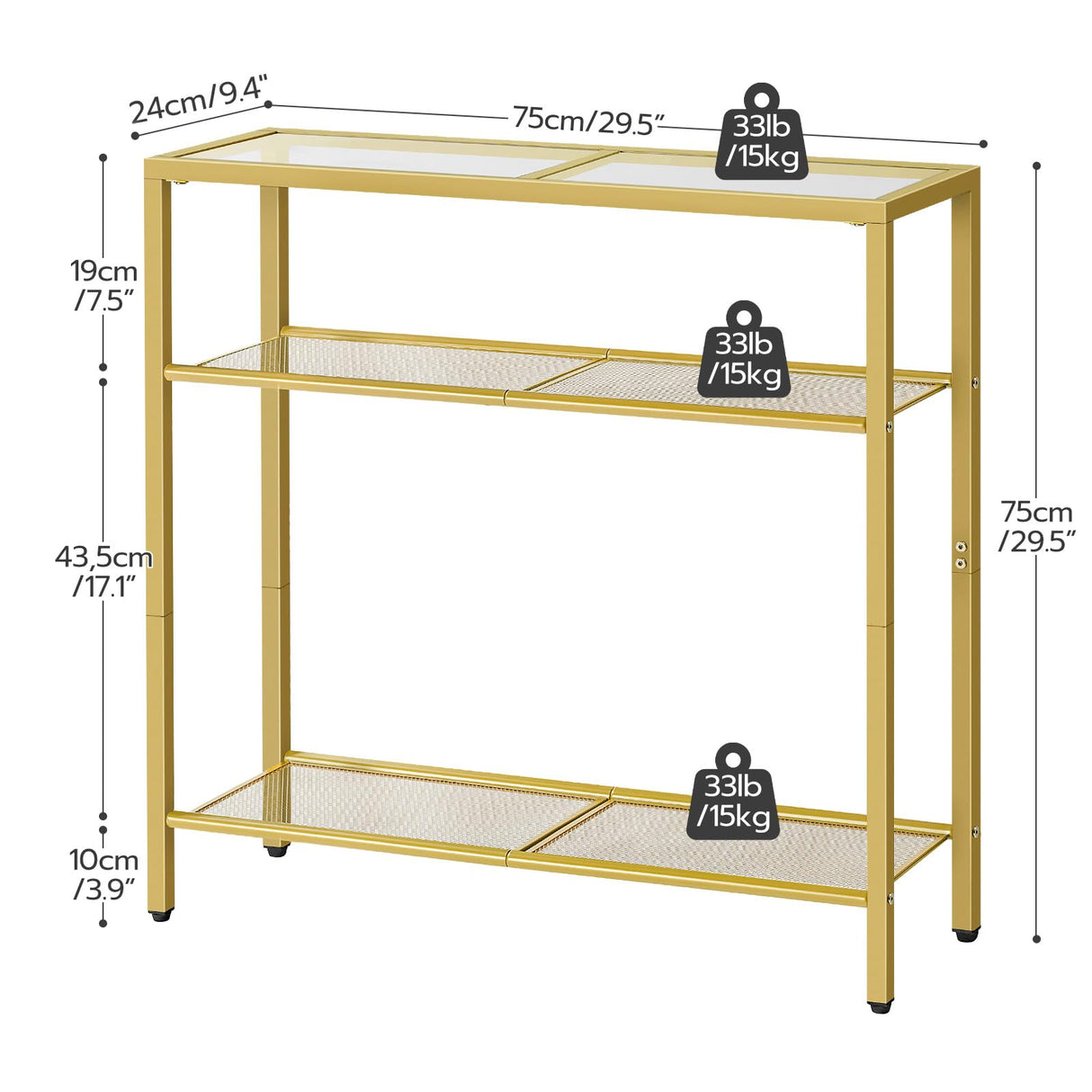 HOOBRO 29.5" Narrow Console Table, 3-Tier Tempered Glass Sofa Table, Small Side Table, Modern Entryway Table, for Entrance, Living Room, Foyer, Hallway Bedroom, Gold GD21XG01G1 HOOBRO