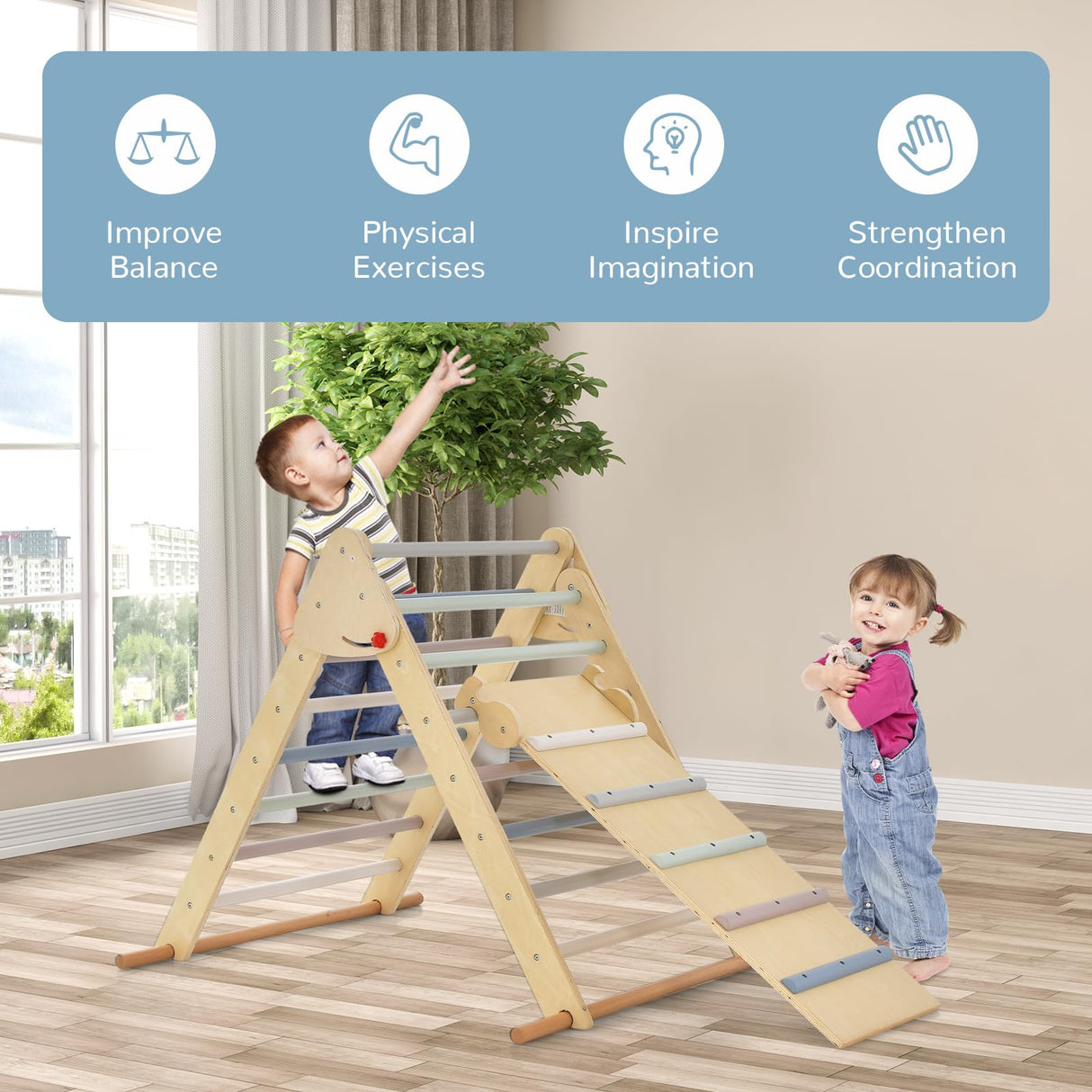 OLAKIDS Pikler Triangle Set 3 in 1 Climbing Toys for Toddlers Foldable Wood Montessori Baby Jungle Gym with Ramp Ladder Slide Kids Indoor Playground Activity Play Structure Olakids